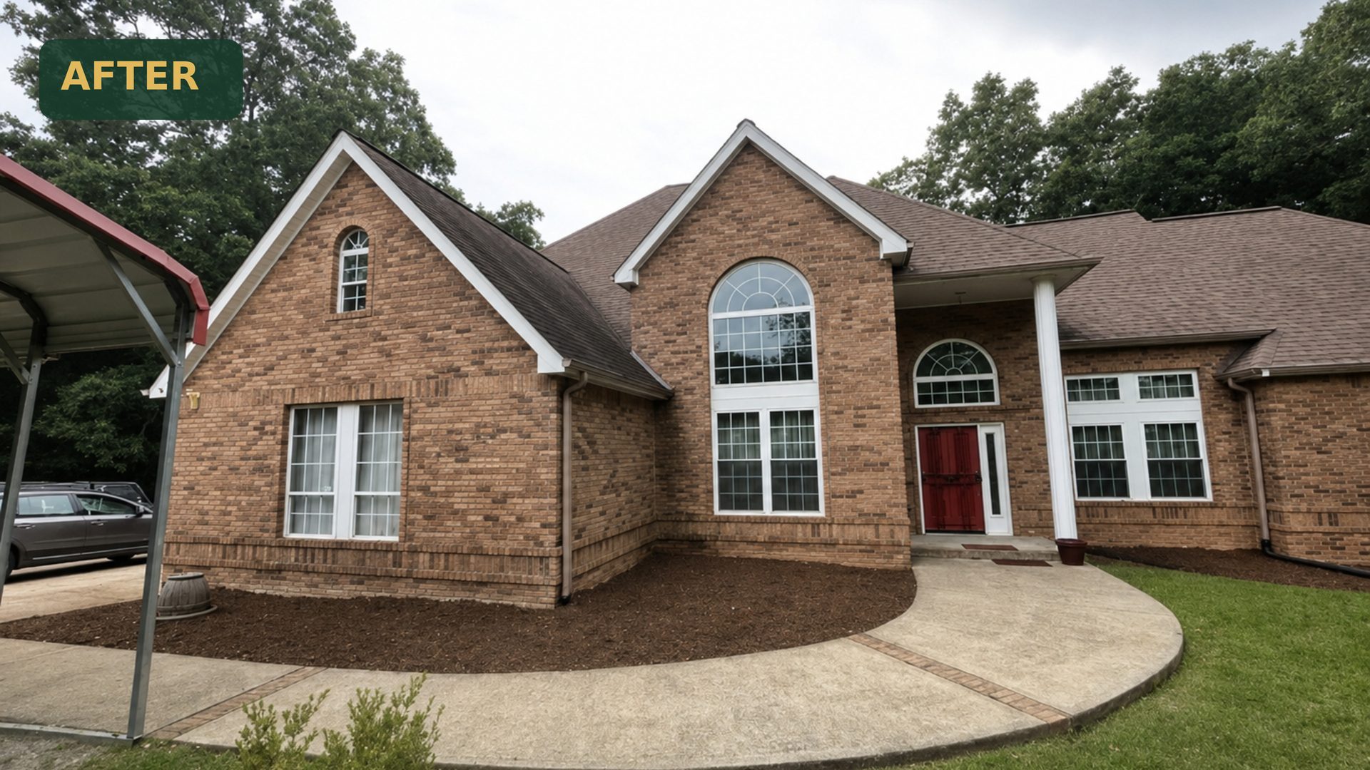 Freshly mulched flower beds, crisp edging, and manicured lawn at a brick home in Chattanooga, TN after LNK Ventures landscape service