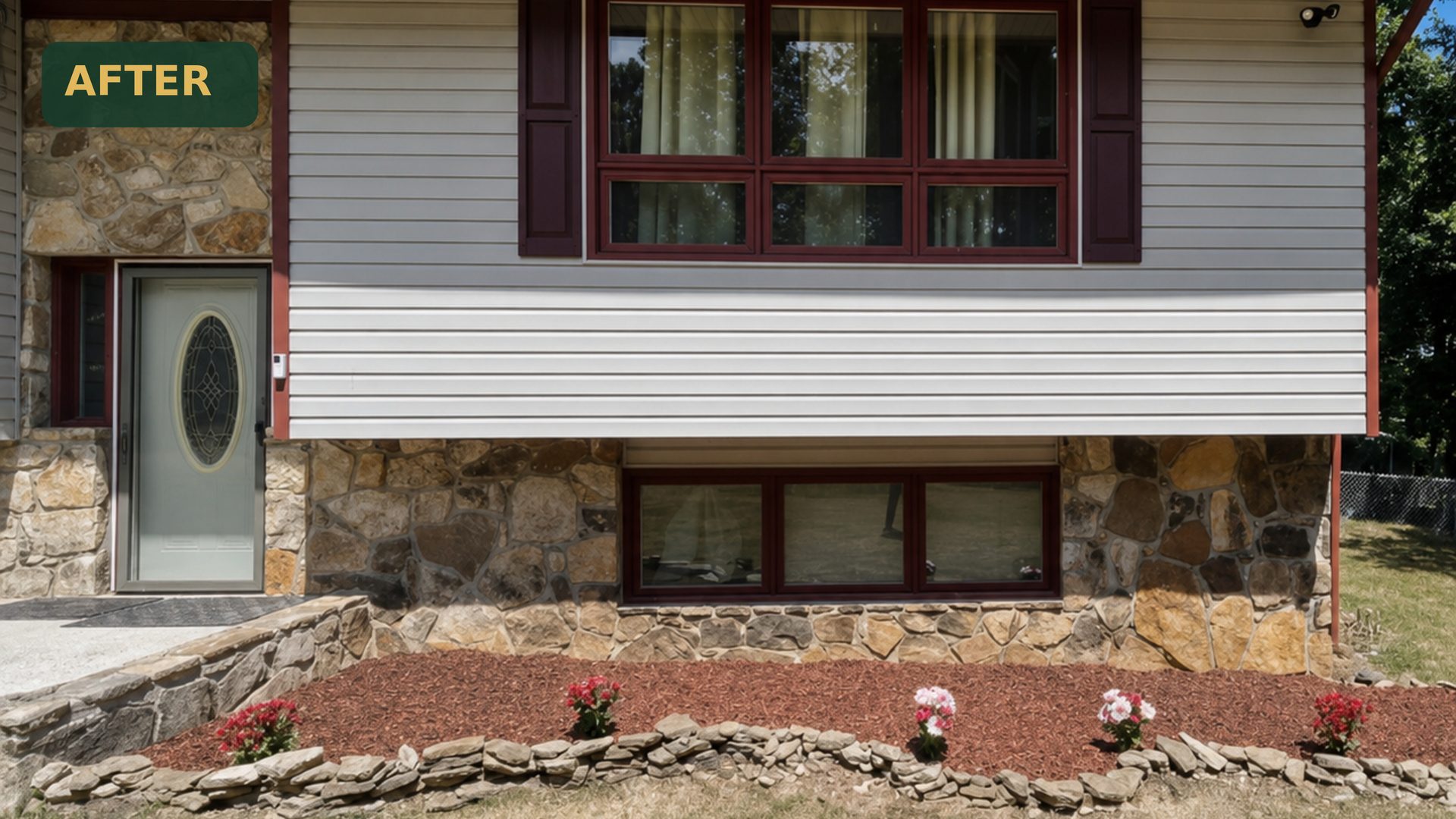 Right side view of restored planting beds with red mulch and blooms at a Chattanooga, TN split-level home